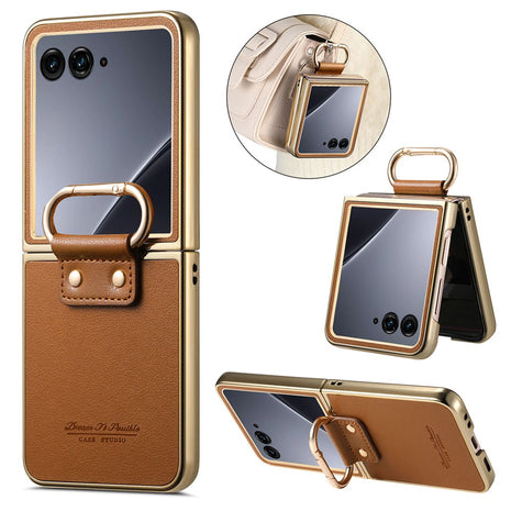 For Motorola Razr 60 Ultra 5G Case Electroplating Leather Coated PC Phone Cover with Spring Ring Buckle Kickstand