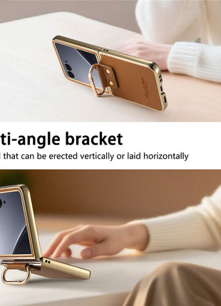 For Motorola Razr 60 Ultra 5G Case Electroplating Leather Coated PC Phone Cover with Spring Ring Buckle Kickstand