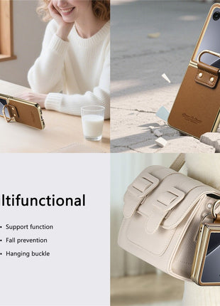 For Motorola Razr 60 Ultra 5G Case Electroplating Leather Coated PC Phone Cover with Spring Ring Buckle Kickstand