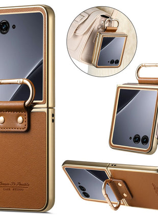 For Motorola Razr 60 Ultra 5G Case Electroplating Leather Coated PC Phone Cover with Spring Ring Buckle Kickstand