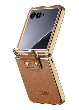 For Motorola Razr 60 Ultra 5G Case Electroplating Leather Coated PC Phone Cover with Spring Ring Buckle Kickstand