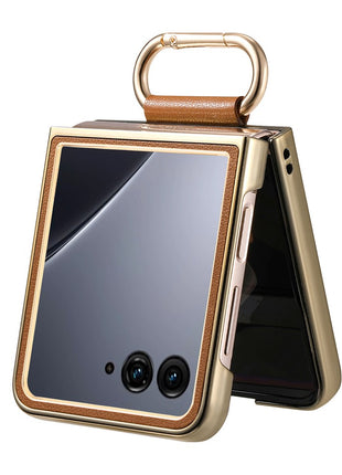 For Motorola Razr 60 Ultra 5G Case Electroplating Leather Coated PC Phone Cover with Spring Ring Buckle Kickstand