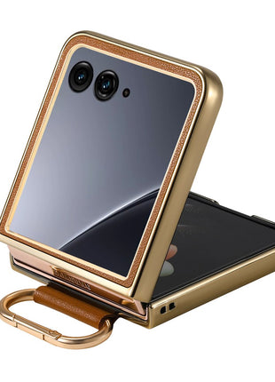 For Motorola Razr 60 Ultra 5G Case Electroplating Leather Coated PC Phone Cover with Spring Ring Buckle Kickstand