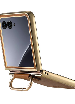 For Motorola Razr 60 Ultra 5G Case Electroplating Leather Coated PC Phone Cover with Spring Ring Buckle Kickstand