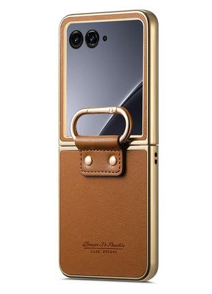 For Motorola Razr 60 Ultra 5G Case Electroplating Leather Coated PC Phone Cover with Spring Ring Buckle Kickstand