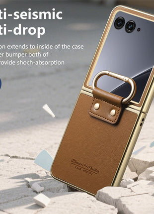 For Motorola Razr 60 Ultra 5G Case Electroplating Leather Coated PC Phone Cover with Spring Ring Buckle Kickstand