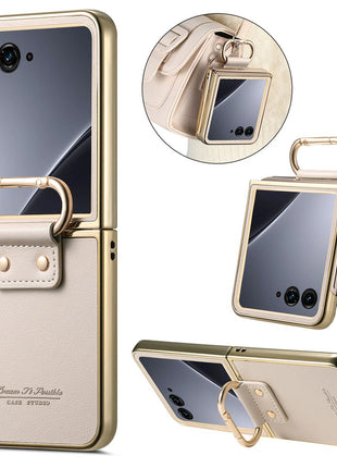 For Motorola Razr 60 Ultra 5G Case Electroplating Leather Coated PC Phone Cover with Spring Ring Buckle Kickstand