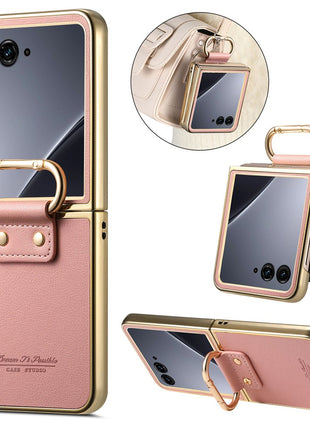 For Motorola Razr 60 Ultra 5G Case Electroplating Leather Coated PC Phone Cover with Spring Ring Buckle Kickstand
