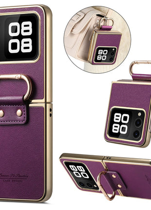 For Huawei nova Flip 5G Case Electroplating Leather Coated PC Phone Cover with Spring Ring Buckle Kickstand