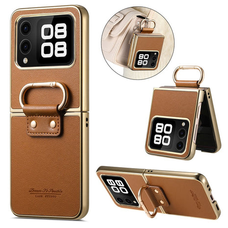 For Huawei nova Flip 5G Case Electroplating Leather Coated PC Phone Cover with Spring Ring Buckle Kickstand