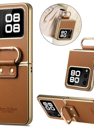 For Huawei nova Flip 5G Case Electroplating Leather Coated PC Phone Cover with Spring Ring Buckle Kickstand