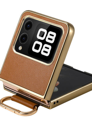 For Huawei nova Flip 5G Case Electroplating Leather Coated PC Phone Cover with Spring Ring Buckle Kickstand