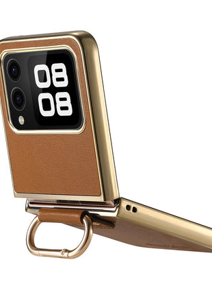 For Huawei nova Flip 5G Case Electroplating Leather Coated PC Phone Cover with Spring Ring Buckle Kickstand