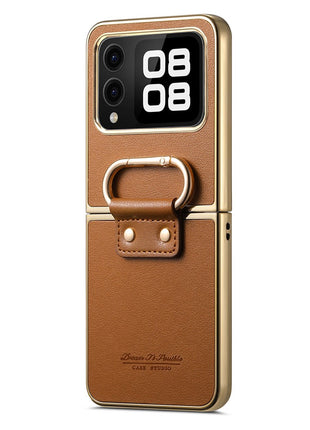 For Huawei nova Flip 5G Case Electroplating Leather Coated PC Phone Cover with Spring Ring Buckle Kickstand