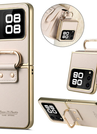 For Huawei nova Flip 5G Case Electroplating Leather Coated PC Phone Cover with Spring Ring Buckle Kickstand