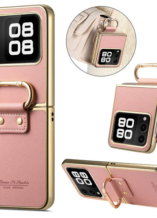 For Huawei nova Flip 5G Case Electroplating Leather Coated PC Phone Cover with Spring Ring Buckle Kickstand
