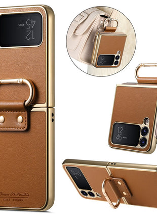 For Samsung Galaxy Z Flip4 5G Case Electroplating Leather Coated PC Phone Cover with Spring Ring Buckle Kickstand