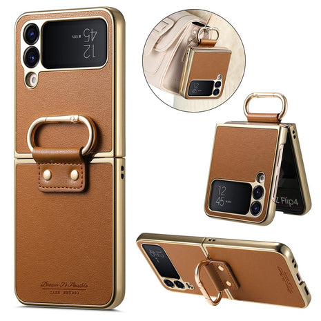 For Samsung Galaxy Z Flip4 5G Case Electroplating Leather Coated PC Phone Cover with Spring Ring Buckle Kickstand