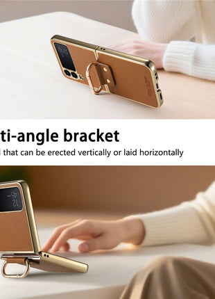 For Samsung Galaxy Z Flip4 5G Case Electroplating Leather Coated PC Phone Cover with Spring Ring Buckle Kickstand