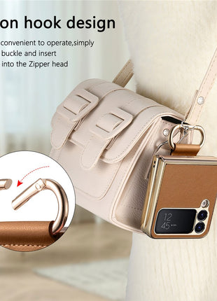 For Samsung Galaxy Z Flip4 5G Case Electroplating Leather Coated PC Phone Cover with Spring Ring Buckle Kickstand