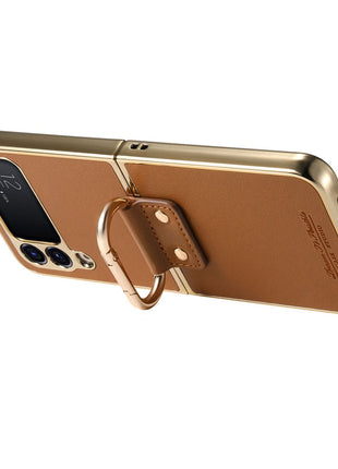 For Samsung Galaxy Z Flip4 5G Case Electroplating Leather Coated PC Phone Cover with Spring Ring Buckle Kickstand