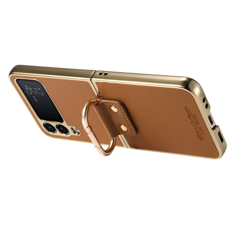 For Samsung Galaxy Z Flip4 5G Case Electroplating Leather Coated PC Phone Cover with Spring Ring Buckle Kickstand