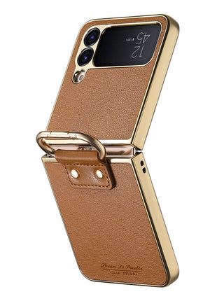 For Samsung Galaxy Z Flip4 5G Case Electroplating Leather Coated PC Phone Cover with Spring Ring Buckle Kickstand