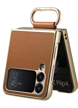 For Samsung Galaxy Z Flip4 5G Case Electroplating Leather Coated PC Phone Cover with Spring Ring Buckle Kickstand