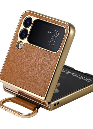 For Samsung Galaxy Z Flip4 5G Case Electroplating Leather Coated PC Phone Cover with Spring Ring Buckle Kickstand