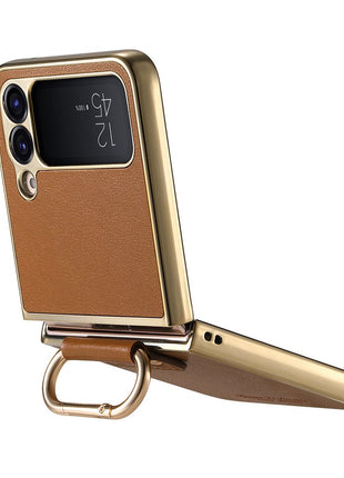For Samsung Galaxy Z Flip4 5G Case Electroplating Leather Coated PC Phone Cover with Spring Ring Buckle Kickstand