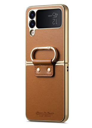 For Samsung Galaxy Z Flip4 5G Case Electroplating Leather Coated PC Phone Cover with Spring Ring Buckle Kickstand