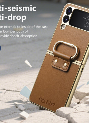 For Samsung Galaxy Z Flip4 5G Case Electroplating Leather Coated PC Phone Cover with Spring Ring Buckle Kickstand