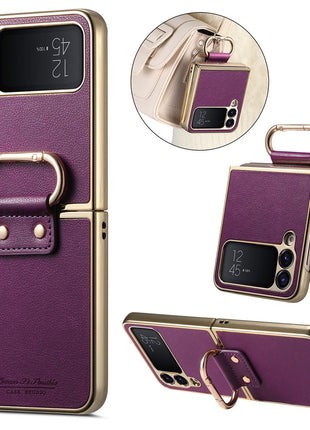 For Samsung Galaxy Z Flip4 5G Case Electroplating Leather Coated PC Phone Cover with Spring Ring Buckle Kickstand