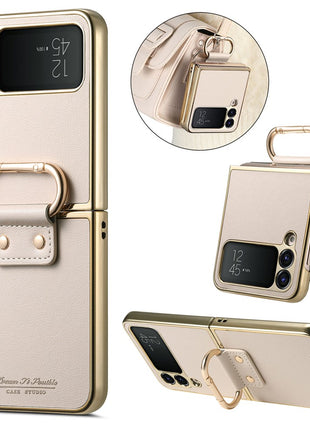 For Samsung Galaxy Z Flip4 5G Case Electroplating Leather Coated PC Phone Cover with Spring Ring Buckle Kickstand