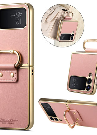 For Samsung Galaxy Z Flip4 5G Case Electroplating Leather Coated PC Phone Cover with Spring Ring Buckle Kickstand