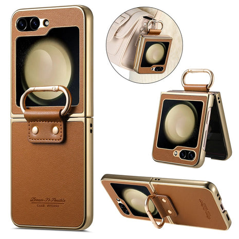 For Samsung Galaxy Z Flip5 5G Case Electroplating Leather Coated PC Phone Cover with Spring Ring Buckle Kickstand