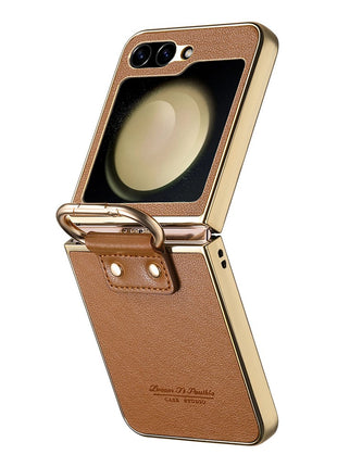 For Samsung Galaxy Z Flip5 5G Case Electroplating Leather Coated PC Phone Cover with Spring Ring Buckle Kickstand