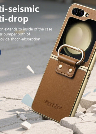 For Samsung Galaxy Z Flip5 5G Case Electroplating Leather Coated PC Phone Cover with Spring Ring Buckle Kickstand