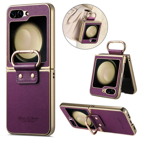 For Samsung Galaxy Z Flip5 5G Case Electroplating Leather Coated PC Phone Cover with Spring Ring Buckle Kickstand