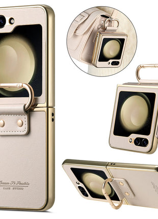 For Samsung Galaxy Z Flip5 5G Case Electroplating Leather Coated PC Phone Cover with Spring Ring Buckle Kickstand