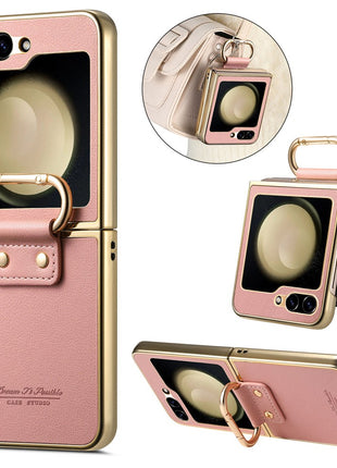 For Samsung Galaxy Z Flip5 5G Case Electroplating Leather Coated PC Phone Cover with Spring Ring Buckle Kickstand