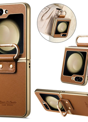 For Samsung Galaxy Z Flip6 5G Case Electroplating Leather Coated PC Phone Cover with Spring Ring Buckle Kickstand