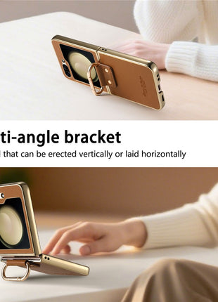 For Samsung Galaxy Z Flip6 5G Case Electroplating Leather Coated PC Phone Cover with Spring Ring Buckle Kickstand