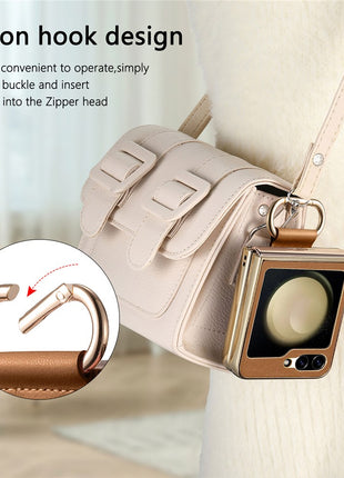 For Samsung Galaxy Z Flip6 5G Case Electroplating Leather Coated PC Phone Cover with Spring Ring Buckle Kickstand