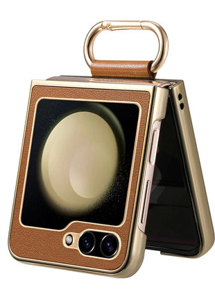 For Samsung Galaxy Z Flip6 5G Case Electroplating Leather Coated PC Phone Cover with Spring Ring Buckle Kickstand