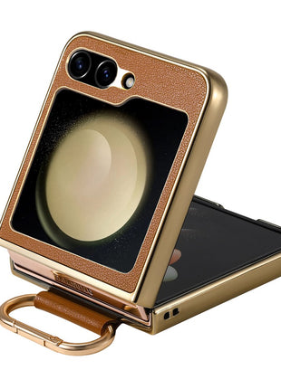 For Samsung Galaxy Z Flip6 5G Case Electroplating Leather Coated PC Phone Cover with Spring Ring Buckle Kickstand