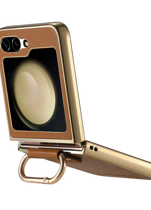 For Samsung Galaxy Z Flip6 5G Case Electroplating Leather Coated PC Phone Cover with Spring Ring Buckle Kickstand