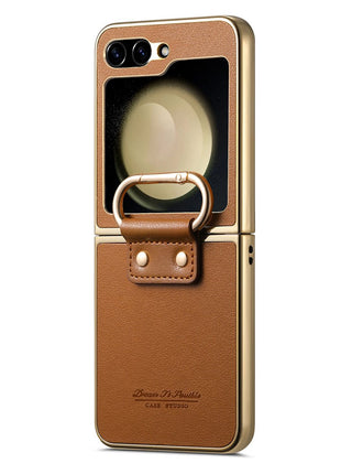 For Samsung Galaxy Z Flip6 5G Case Electroplating Leather Coated PC Phone Cover with Spring Ring Buckle Kickstand