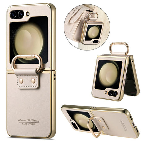 For Samsung Galaxy Z Flip6 5G Case Electroplating Leather Coated PC Phone Cover with Spring Ring Buckle Kickstand