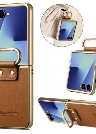 For Samsung Galaxy Z Flip7 5G Case Electroplating Leather Coated PC Phone Cover with Spring Ring Buckle Kickstand